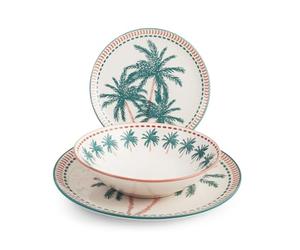 H&H, Service de table Haïti, Lot de 18 pièces en Stoneware, décoration palmiers tropicaux, 6 places, ivoire et octane