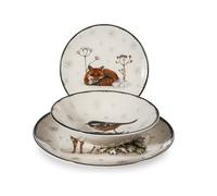 H&H Service de vaisselle de Noël 18 pièces Wild Spirits in Stoneware décoré - Avec illustrations d'animaux dans la neige - 6 étages, 6 fonds, 6 fruits - Lavable au lave-vaisselle et passe au