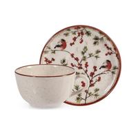 H&H Lot de 2 tasses à thé Red Delight avec soucoupes, 200 ml, élégantes tasses en grès avec baies rouges et rouges-gorges, parfaites pour l'hiver et les fêtes