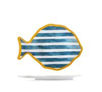 H&H - Set de 6 grandes assiettes en mélamine - Forme poisson 36 cm - Rayures bleues et blanches, bord jaune - Style marin estival, lavables en lave-vaisselle