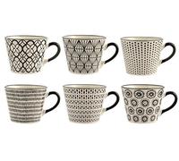 H&H, Set de 6 Tasses à Petit-Déjeuner Vhera en Stoneware - Décor Géométrique et Floral Noir sur Fond Blanc, Compatible Lave-Vaisselle et Micro-Ondes