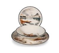 H+H Service de table Silent Snow – 12 pièces en grès décoré, Noël, décor bois d'hiver