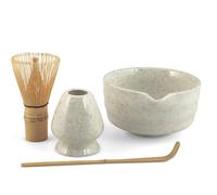 H&H Set pour Thé Matcha - 4 Pièces - Chasen en Bambou, Support et Bol en Porcelaine, Cuillère Doseuse - Kit Traditionnel Japonais - Couleurs du Support Assorties