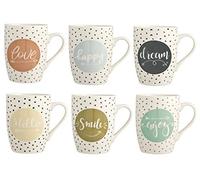 H&H Vhera - Set de 6 Mugs en Stoneware, Décor Assorti, 350 cc, Élégants et Pratiques pour Café, Thé, Chocolat Chaud et Plus