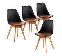 H.J WeDoo Lot de 4 Chaises de Salle à Manger Scandinaves, Chaises de Cuisine Classique avec Coussin en Cuir Marron & Bois de Hêtre Massif, Noir & Marron