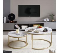 H.J WeDoo Table basse ronde pour salon Lot de 2, Table de salon, Table d'appoint avec cadre métallique, 80 x 45 cm (Ø x H), Blanc marbre