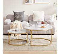 H.J WeDoo Table basse set de 2 avec structure métallique, Ø(80+60) Ronde Table basse Table d'appoint Table de salon Blanc marbre