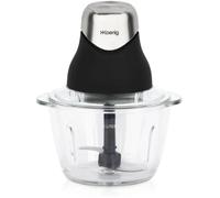 H.Koenig Mini Hachoir Electrique Noir mat chrome LEO8 Résistant Bol Verre Gradué 1L Lames Inox, Facile d'utilisation, Légumes, Viande, Epices, Fruits Secs, Couvercle de conservation