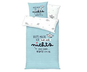 H:)PPY life Die Geschenkewelt 46257 Parure de lit 2 pièces en Microfibre avec Fermeture Éclair Motif Inscription en Allemand Aujourd'hui, Je Fais Le Premier nôtres Bleu Clair
