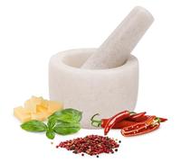 H&S Mortier Pilon Cuisine - Accessoire Cuisine en Marbre de 8,5 cm de Diamètre pour Broyage des Épices Guacamole Pesto Noix Mojito - Mortier et Pilon Concasseur a Grain Blanc