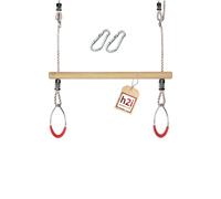h2i Balançoire trapézoïdale avec anneaux de gymnastique - Barre trapézoïdale en bois avec cordes et mousquetons - Anneaux de gymnastique en métal rouge - Balançoire pour enfants d'extérieur et