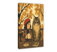 H3B8U2Y5 Fille Chat Maine Coon Tableau sur Toile, Appartement Coin Lecture