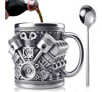 HA BIN Tasse à café en acier inoxydable 3D V8 - 300 ml - En forme de moteur de voiture - Pour la maison, le studio, les voyages, les amateurs de voiture - Argenté