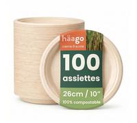 HAAGO 100 Assiettes Jetables Solides & Compostables 26 cm / 10" - Canne à Sucre (Bagasse) - Assiettes Carton Rigides, Anti-Graisse & Anti-Fuites - Pour Chaud & Froid, Buffet, BBQ, Traiteur