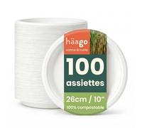 HAAGO 100 Assiettes Jetables Solides & Compostables 26 cm / 10" - Canne à Sucre (Bagasse) - Assiettes Carton Rigides, Anti-Graisse & Anti-Fuites - Pour Chaud & Froid, Fêtes, BBQ, Traiteur
