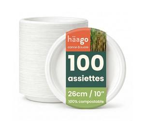 HAAGO 100 Assiettes Jetables Solides & Compostables 26 cm / 10" - Canne à Sucre (Bagasse) - Assiettes Carton Rigides, Anti-Graisse & Anti-Fuites - Pour Chaud & Froid, Fêtes, BBQ, Traiteur