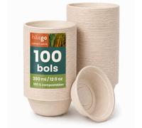 HAAGO 100 Bols Solides Compostables en Canne à Sucre (Bagasse), 350 ml / 12 oz - Bols Jetables Rigides, Anti-Graisse & Anti-Fuites - Pour Soupe, Salade, Dessert, Chaud & Froid, Buffet, Traiteur