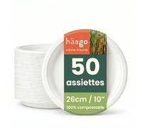 HAAGO 50 Assiettes Jetables Solides & Compostables 26 cm / 10" - Canne à Sucre (Bagasse) - Assiettes Carton Rigides, Anti-Graisse & Anti-Fuites - Pour Chaud & Froid, Fêtes, BBQ, Traiteur