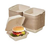HAAGO 50 Boîtes Hamburger Extra Solides - Boîte Burger à Emporter 15×15×8 cm - Canne à Sucre (Bagasse) - Anti-Graisse & Anti-Fuites - Pour À Emporter, Snack Traiteur, Food Truck
