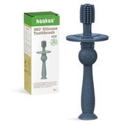 haakaa 360° Brosse à Dent Bebe 100% en Silicone 6 Mois +, Base d'Aspiration Ensemble, aussi Jouet Dentition Bébé - Bleu acier
