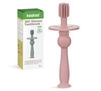 haakaa Brosse à dents à 360° pour bébé avec base d'aspiration - Nettoyage doux pour entraînement auto-brossant les nourrissons - Silicone de qualité alimentaire - Bouclier de sécurité réglable - Blush