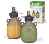 haakaa Happii Bear Lot de 2 pochettes à friandises réutilisables en silicone pour pures, jus, smoothies et yaourts biologiques faits maison, parfaites pour les tout-petits et les enfants, 170 g