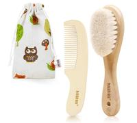 haakaa Lot de 2 brosses à cheveux et peigne pour nouveau-nés et tout-petits - Poils en laine douce naturelle et manche en bois pour toiletter doucement les cheveux de bébé, idéal pour le berceau