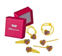 HAARallerliebst Lot de 6 accessoires pour cheveux - Cœurs scintillants avec licorne - Jaune - Avec boîte de rangement - Couleur de la boîte : rose
