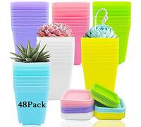 Haawooky Lot de 48 Pots de Fleurs carrés en Plastique coloré de 7,6 cm avec soucoupes pour Jardin, Maison, Bureau, Balcon, Cadeaux de Jardin
