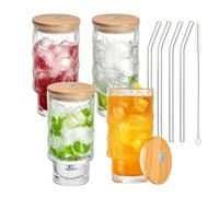 Haayymo Lot de 4 verres à eau de 473,6 g, tasse à café glacée côtelée, style origami pour bière, cocktail, lait, eau glacée, jus, café (glacial avec couvercle)