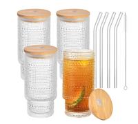 Haayymo Lot de 4 verres à eau de 473,6 g - Tasse à café glacée nervurée de style origami pour bière/cocktail/lait/eau glacée/jus/café (pois ronds avec couvercle)