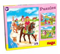 HABA 304221 - Puzzles Amies des chevaux, 3 puzzles de 24 pièces chacun 3 motifs différents de chevaux et d'équitation, le plaisir du puzzle à partir de 4 ans