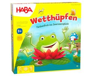 HABA 305272 Jump Around Frogs A colourful dice and hopping game! Whose water lily will bloom ﬁrst? For 2-4 players, aged 3-7 - English Version (Made in Germany)