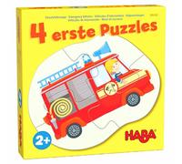 HABA 4 Premiers Puzzles - Véhicules d'intervention dès 2 Ans - Ambulance, Voiture de Police, Camion Poubelle & Camion de Pompiers - Stimule motricité Fine - 1306182001