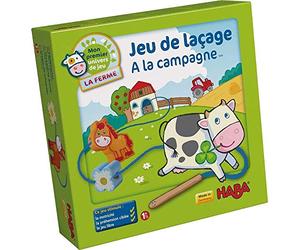 HABA 5895 - Mon Premier Univers de Jeu - La Ferme - Jeu d'enfilage à la Ferme avec 10 Figurines de laçage en Bois et 4 modèles (Fabriqué en Allemagne)