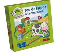 HABA 5895 - Mon premier univers de jeu - La ferme - Jeu d'enfilage HABA à la ferme avec 10 figurines de laçage en bois et 4 modèles (Fabriqué en Allemagne)