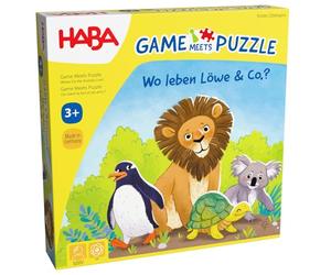 HABA Game Meets Puzzle Où Vivre Lion & Co.? Jeu de dés & Puzzle dans Un 4 Puzzles avec 4 Grandes Figurines d'animaux en Bois à partir de 3 Ans 2011724001