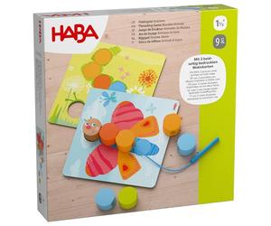 HABA Jeu d'enfilage des Animaux en Bois - Plaisir des Couleurs et du comptage pour Les Petits Fans d'enfilage dès 18 Mois - 4 Cartes à Motifs & 20 pions en Bois - 2012248001