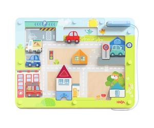 HABA Jeu magnétique Ville en Bois - Jouet éducatif interactif à partir de 3 Ans - Encourage Les Premiers Pas dans la Circulation routière avec des éléments rotatifs - 2012357001