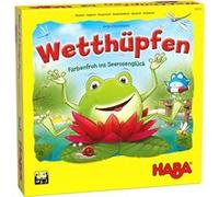 HABA 305272 Jump Around Frogs A colourful dice and hopping game! Whose water lily will bloom ﬁrst? For 2-4 players, aged 3-7 - English Version (Made in Germany)