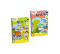 HABA Lot de 2 puzzles à emboîter avec figurines en bois : chantier de construction (pelleteuse) et dinosaures (Babydino) à partir de 2 ans