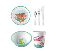 HABA Lot de 4 bols unisexes - Assiettes, gobelets et couverts - Motif dinosaure - Taille unique