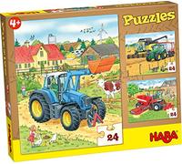 HABA - Puzzle Tracteur 3 en 1, 3 x 24 Pièces, Dès 4 Ans | 3 puzzles distincts avec scènes de ferme colorées - carton rigide résistant - idéal comme cadeau enfant