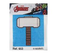Haberdashery Online Kit demi-point avec dessins Marvel. Point de croix artisanal bricolage pour enfants, comprend de la toile et des fils de couleur selon le motif. Toile 18 x 15 cm. (Mjolnir-Thor)