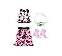 Habit Barbie - Jupe Rose Et Noir et Top et Bottes et 1 Accessoire - Set Vêtement Poupee et Mini-Poupee et 1 Carte offerte