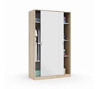 Habitdesign Armoire 2 portes coulissantes et étagères 200 x 120 x 50 cm (H x l x P) Penderie pour chambre principale, armoire pour enfant, couleur blanche « Artik » et chêne canadien