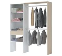 Habitdesign Armoire 2 tringles 4 étagères 1 tiroir 187 x 158 x 40 cm (H x l x P x P) - Dressing réversible Blanc « Artik » et chêne
