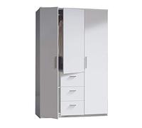 Habitdesign Armoire 3 portes et 3 tiroirs, 203 x 117 x 52 cm (H x l x P x P) avec tringle et étagères Blanc brillant