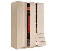Habitdesign Armoire penderie 3 portes 3 tiroirs 121 x 180 x 52 cm (largeur x hauteur x profondeur en cm) Couleur chêne
