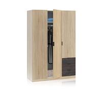 Habitdesign Armoire penderie 3 portes 3 tiroirs 4 étagères 180 x 121 x 52 cm (H x l x P) Couleur chêne canadien et rouille